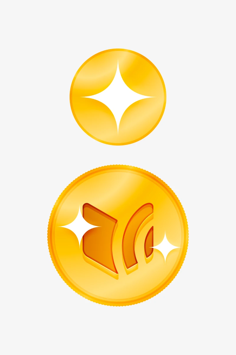 The Fellows Coins currency — golden coin designs with the brand mark
