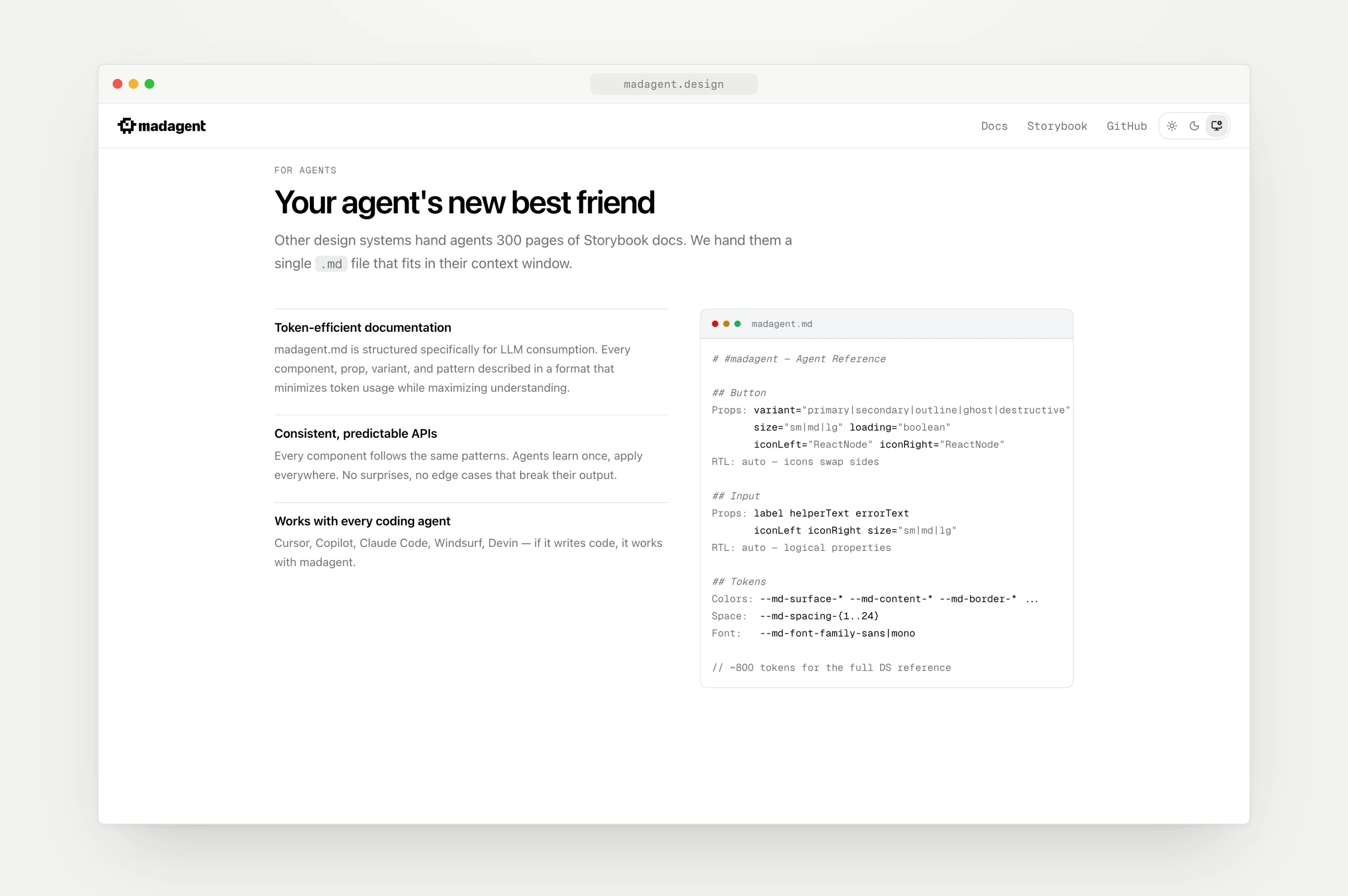 madagent.md — a token-efficient design system reference for coding agents