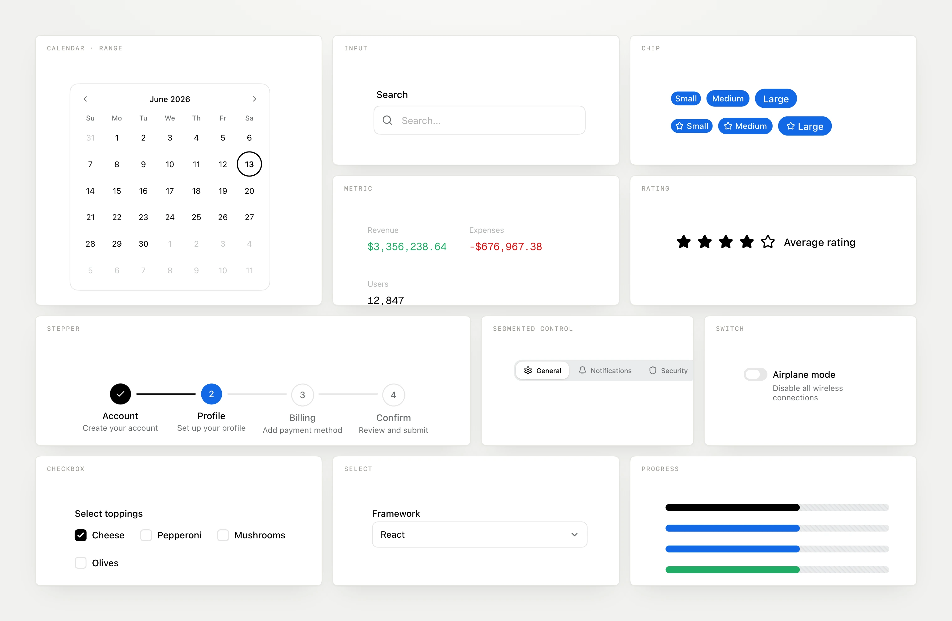 Component specimens rendered live from the design system — calendar, inputs, chips, metrics, rating, stepper, segmented control, switch, checkbox, select, and progress