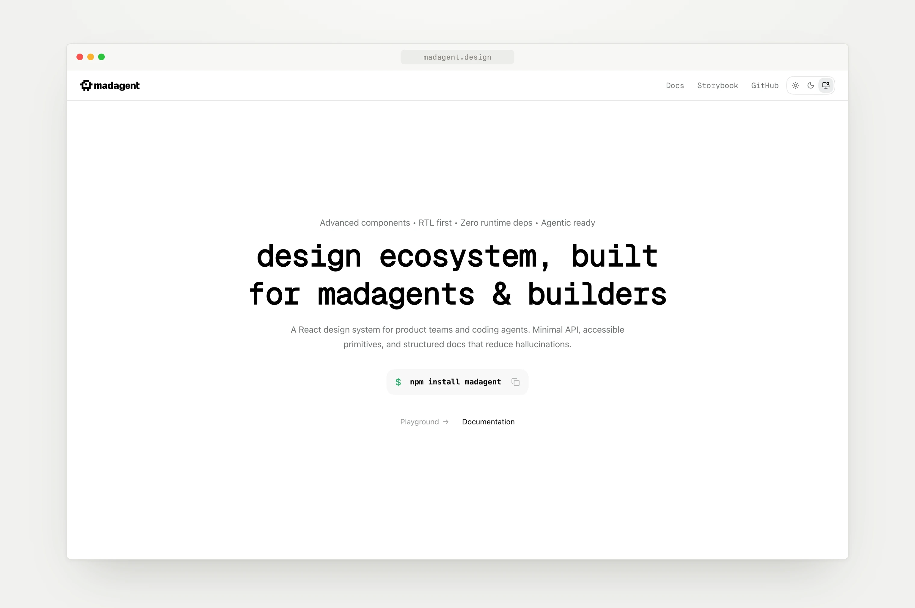madagent.design landing page — design ecosystem, built for madagents and builders