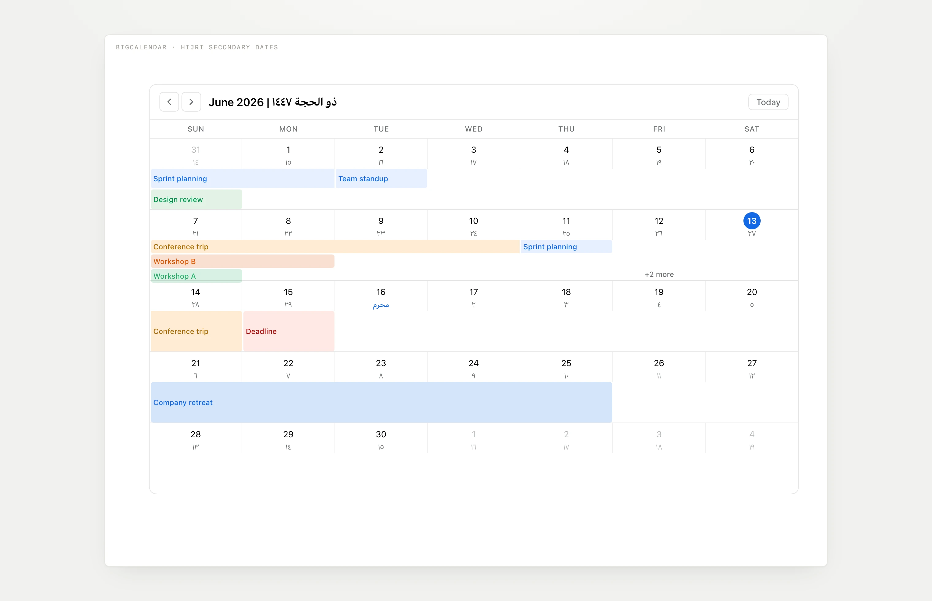 BigCalendar with dual Gregorian and Hijri dates, Arabic numerals, and color-coded multi-day events
