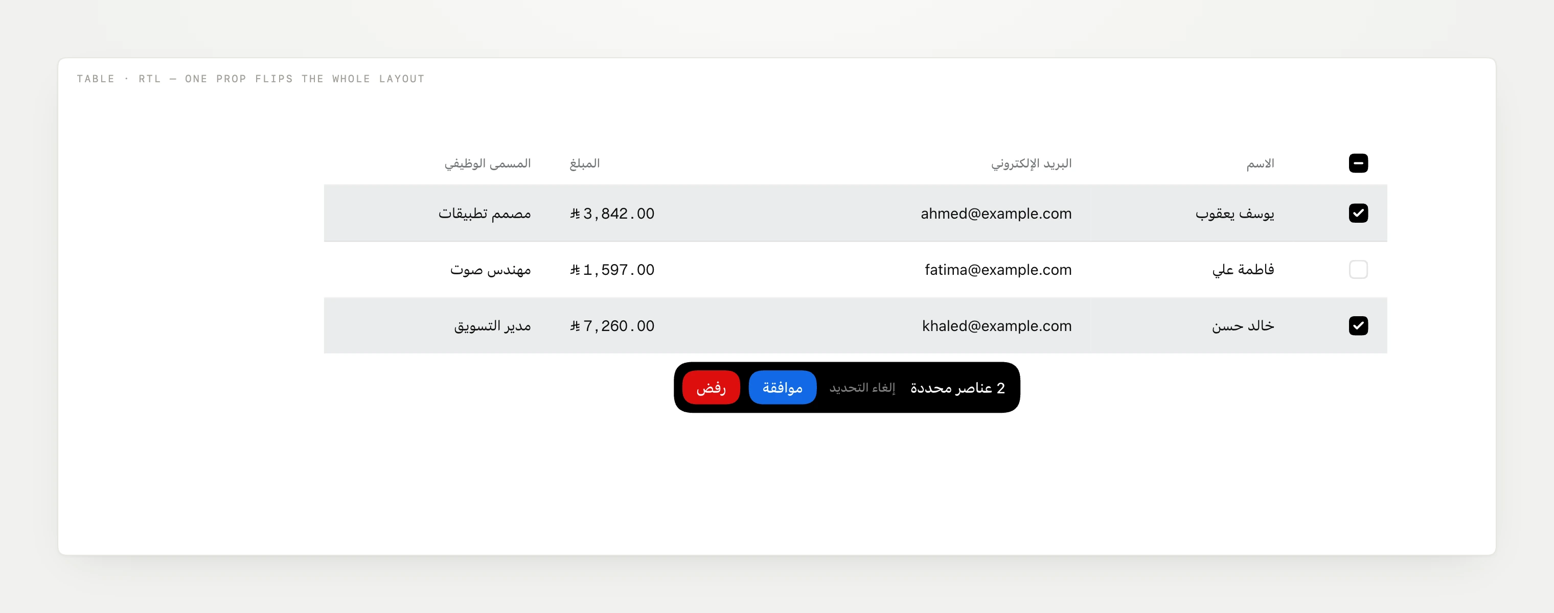Data table rendered fully right-to-left in Arabic with bulk selection and a floating action bar